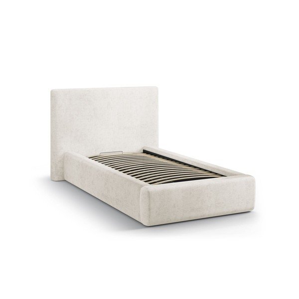 Kremowe tapicerowane łóżko jednoosobowe ze schowkiem i stelażem 90x200 cm Amy – Micadoni -image-2