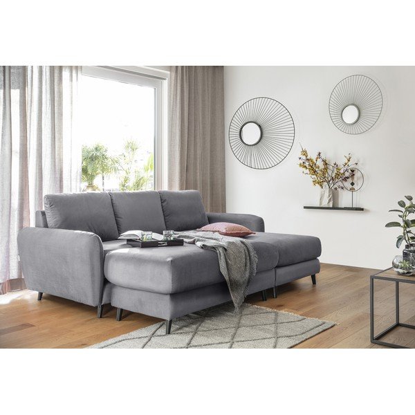 Jasnoszary aksamitny narożnik z podnóżkiem Miuform Cosy Claire, prawostronny-image-1