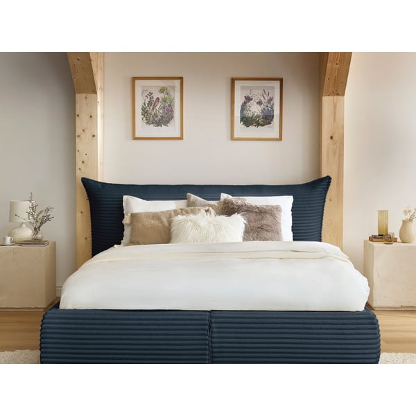 Ciemnoniebieskie tapicerowane łóżko dwuosobowe ze schowkiem i stelażem 160x200 cm Jade – Bobochic Paris-image-1