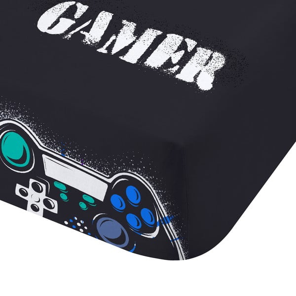 Czarne prześcieradło dziecięce jednoosobowe z gumką 90x190 cm Game Over – Catherine Lansfield