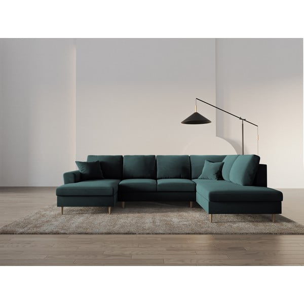 Morski aksamitny rozkładany narożnik ze schowkiem (prawostronny/w kształcie litery U) Kyoto – Cosmopolitan Design-image-2