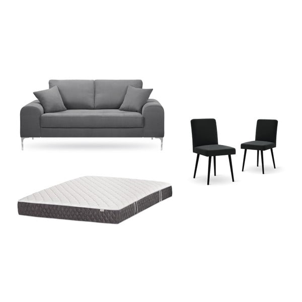 Zestaw 2-osobowej szarej sofy, 2 czarnych krzeseł i materaca 140x200 cm Home Essentials