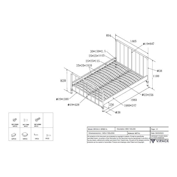 Zielone metalowe łóżko ze stelażem 140x200 cm BRONXX – Vipack-image-4
