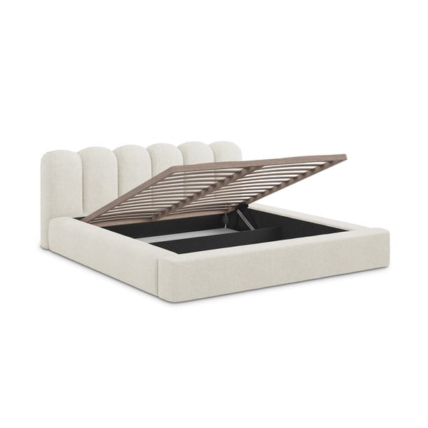 Kremowe tapicerowane łóżko dwuosobowe ze schowkiem i stelażem 140x200 cm Mano – Makamii-image-2