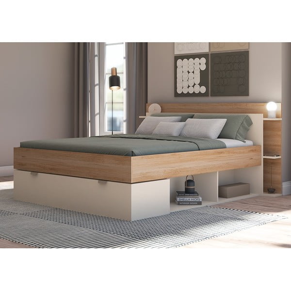 Biało-naturalne łóżko dwuosobowe w dekorze dębu ze schowkiem bez stelaża 140x190 cm Albo – Marckeric-image-2