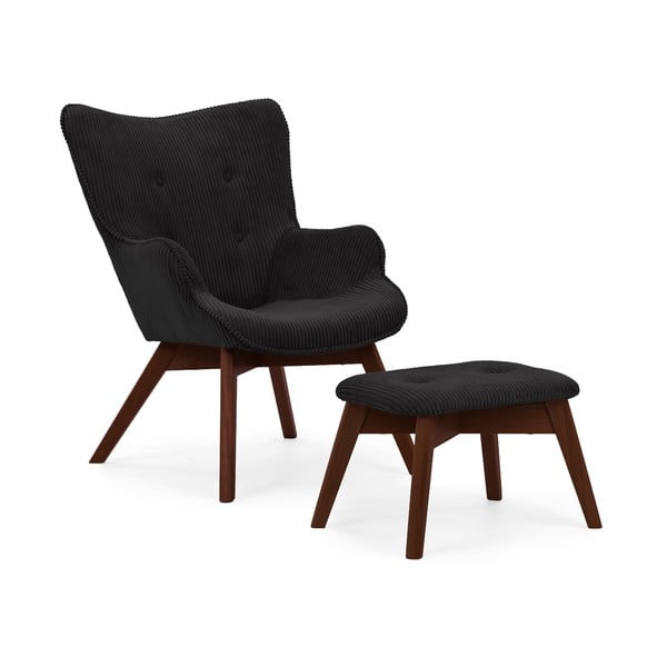Czarny sztruksowy fotel z podnóżkiem Niko – Ropez