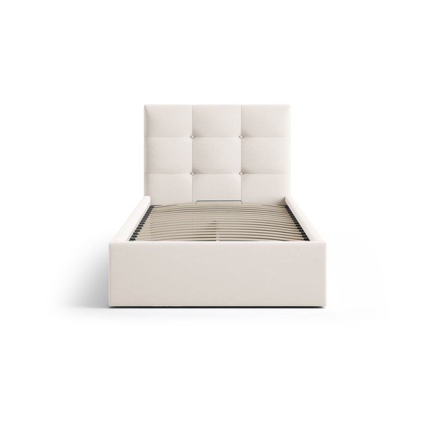 Kremowe tapicerowane łóżko jednoosobowe ze schowkiem i stelażem 90x200 cm Phaedra – Micadoni -image-3