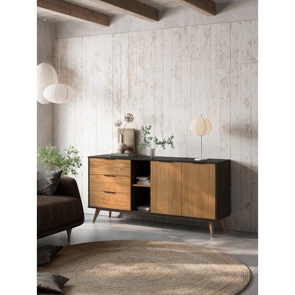 Czarno-naturalna niska komoda z drewna sosnowego 165x80 cm Lavis – Marckeric-image-1