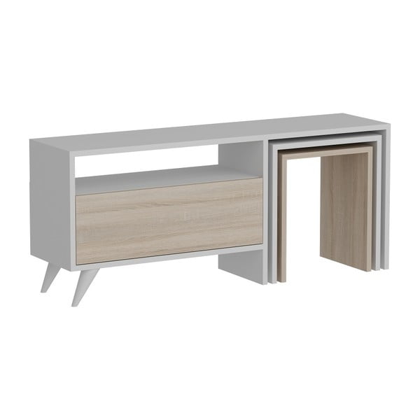 Biały stolik pod TV z jasnym dekorem drewna Mobito Design Logy