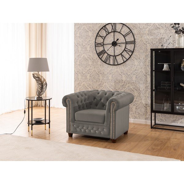 Szary aksamitny fotel typu chesterfield York Blik – Ropez-image-1