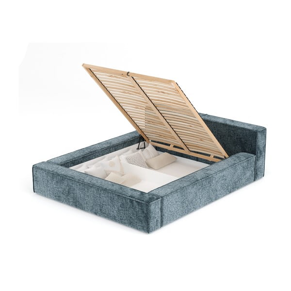 Szaroniebieskie tapicerowane łóżko dwuosobowe ze schowkiem i stelażem 180x200 cm Voliera – Maison de Rêve-image-4