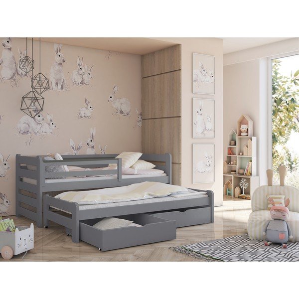 Szare łóżko dziecięce z drewna sosnowego z wysuwanym łóżkiem ze schowkiem 80x200 cm Senso – Lano Meble-image-1
