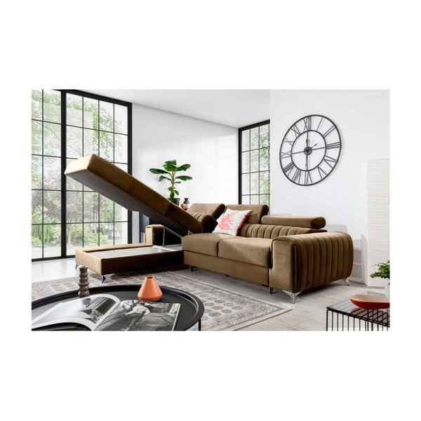 Jasnobrązowy aksamitny rozkładany/ze schowkiem narożnik (lewostronny/z szezlongiem) Grayson – ELTAP-image-3