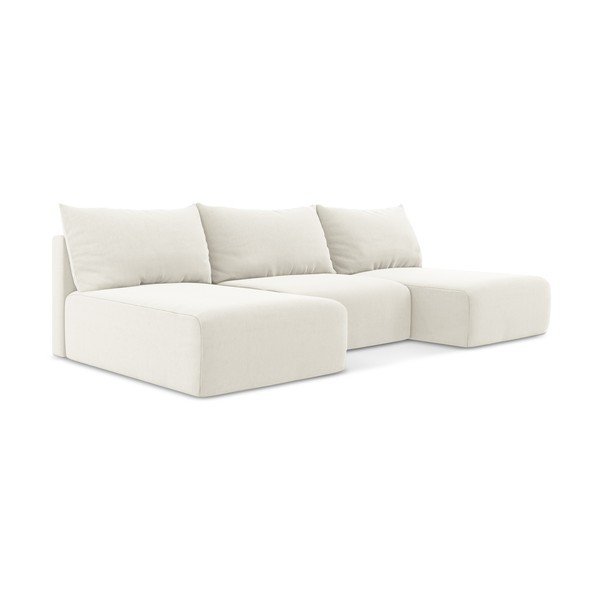 Kremowy aksamitny rozkładany/ze schowkiem narożnik (w kształcie litery U) Kalena – Makamii-image-2