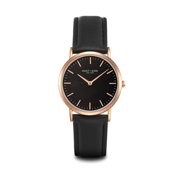 Czarny zegarek damski ze skórzanym paskiem i cyferblatem w kolorze różowego złota Eastside East Village