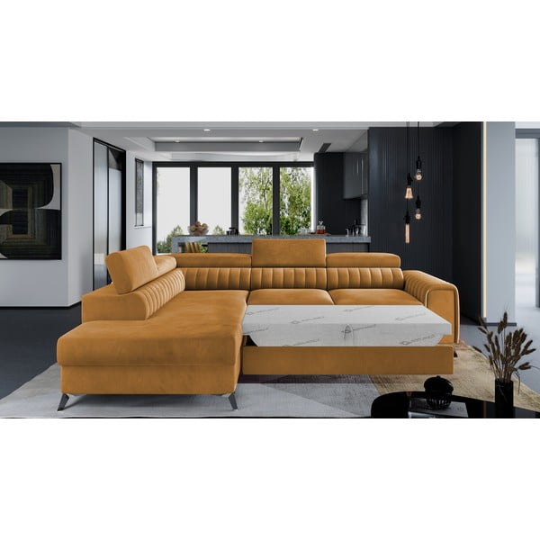 Żółty aksamitny rozkładany/ze schowkiem narożnik (lewostronny/w kształcie litery L) Laurence – ELTAP-image-2