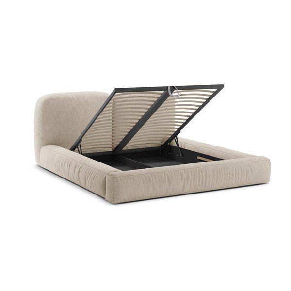 Beżowe tapicerowane łóżko dwuosobowe ze schowkiem i stelażem 200x200 cm Martina – Micadoni -image-2