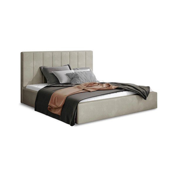 Beżowe tapicerowane łóżko dwuosobowe ze schowkiem ze stelażem 200x200 cm Audrey – ELTAP