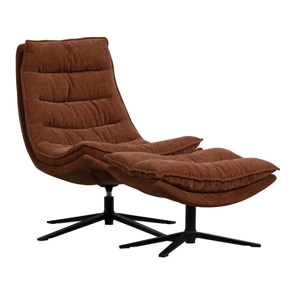 Brązowy obrotowy fotel z podnóżkiem z tkaniny szenilowej Kube – WOOOD