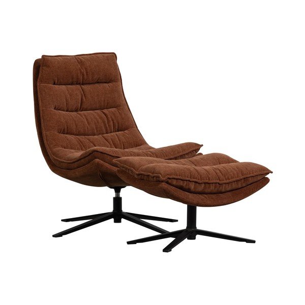 Brązowy obrotowy fotel z podnóżkiem z tkaniny szenilowej Kube – WOOOD