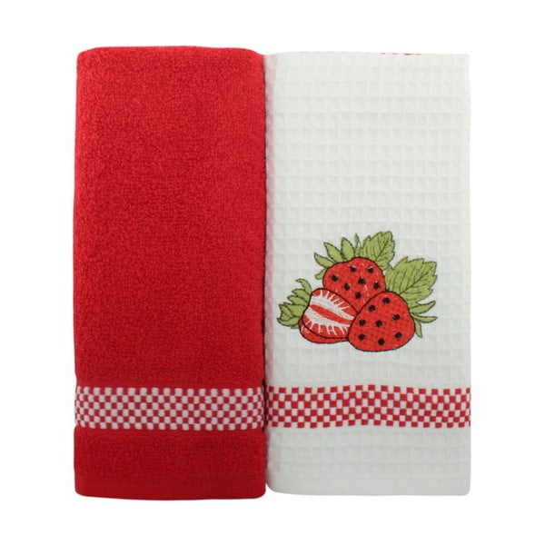 Zestaw 2 czerwono-białych ręczników z czystej bawełny, 45x70 cm