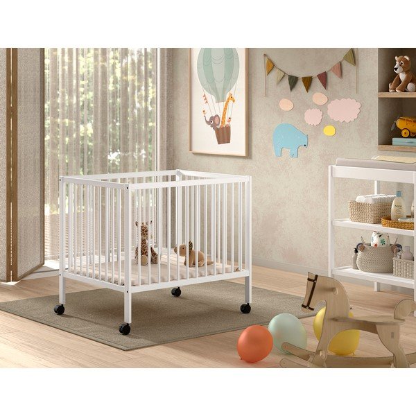 Biały kojec dla dzieci z litego drewna bukowego z regulowaną wysokością/na kółkach 95x75 cm Dino – Vipack-image-1