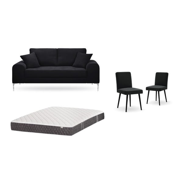 Zestaw 2-osobowej czarnej sofy, 2 czarnych krzeseł i materaca 140x200 cm Home Essentials