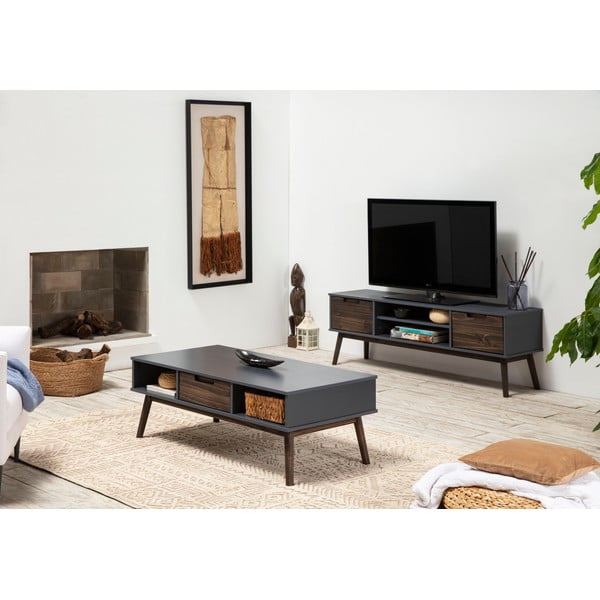 Antracytowa/ciemnobrązowa szafka pod TV z litego drewna sosnowego 140x52,5 cm Nussa – Marckeric-image-1