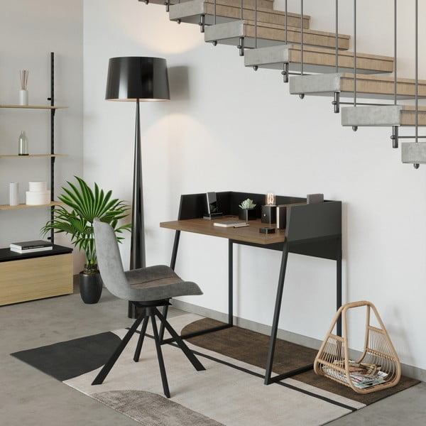 Czarne biurko z elementami z dekorem drewna orzecha TemaHome Volga Walnut-image-1