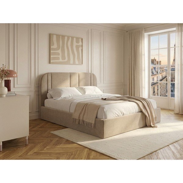 Beżowe tapicerowane łóżko dwuosobowe ze schowkiem ze stelażem 180x200 cm Sidney – Bobochic Paris-image-1