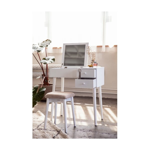 Biała toaletka z lustrem, schowkiem na biżuterię i 2 szufladami Bonami Essentials Beauty-image-3