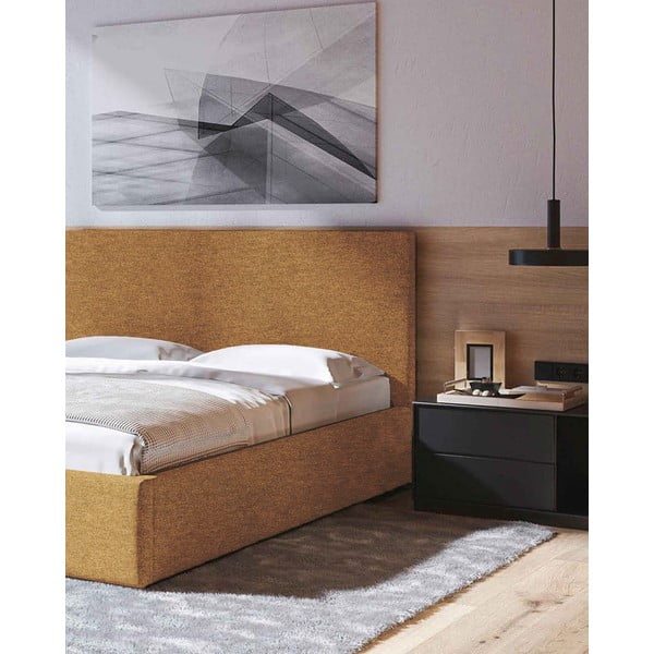 Tapicerowane łóżko dwuosobowe w kolorze ochry ze stelażem i schowkiem 180x200 cm Bufo – MESONICA-image-4