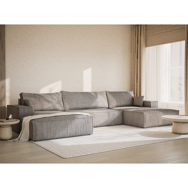 Szarobeżowy rozkładany/ze schowkiem narożnik z tkaniny szenilowej (w kształcie litery U) Kyoto – Maison de Rêve-image-1