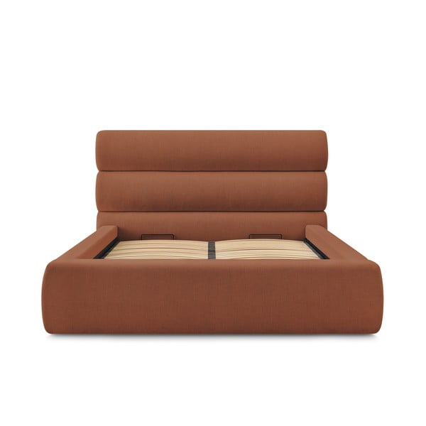 Pomarańczowe tapicerowane łóżko dwuosobowe ze schowkiem i stelażem 160x200 cm Jagna – Bobochic Paris-image-3