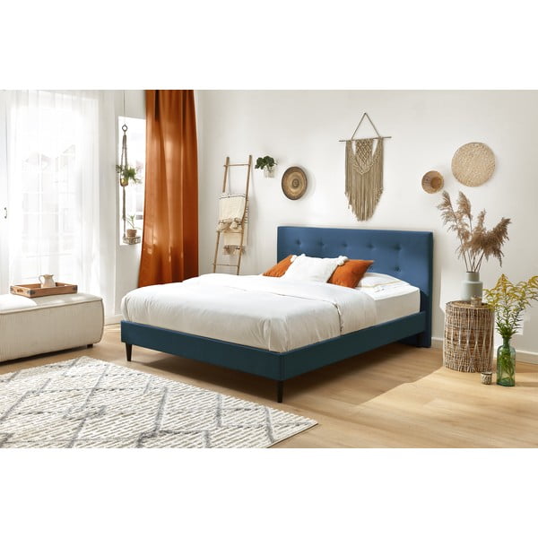 Niebieske tapicerowane łóżko dwuosobowe ze stelażem 160x200 cm Rory – Bobochic Paris-image-3