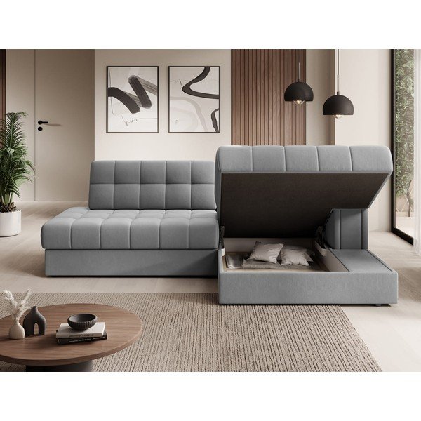 Szary aksamitny rozkładany narożnik (prawostronny/z szezlongiem) Blezalt – ELTAP-image-4