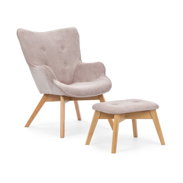 Jasnoróżowy sztruksowy fotel z podnóżkiem Niko – Ropez