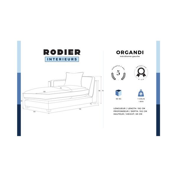 Turkusowy szezlong prawostronny z kremowym wykończeniem Rodier Organdi-image-2