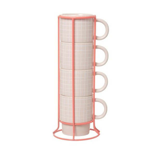 Zestaw 4 kubków na stojaku Cappuccino Grid Pink