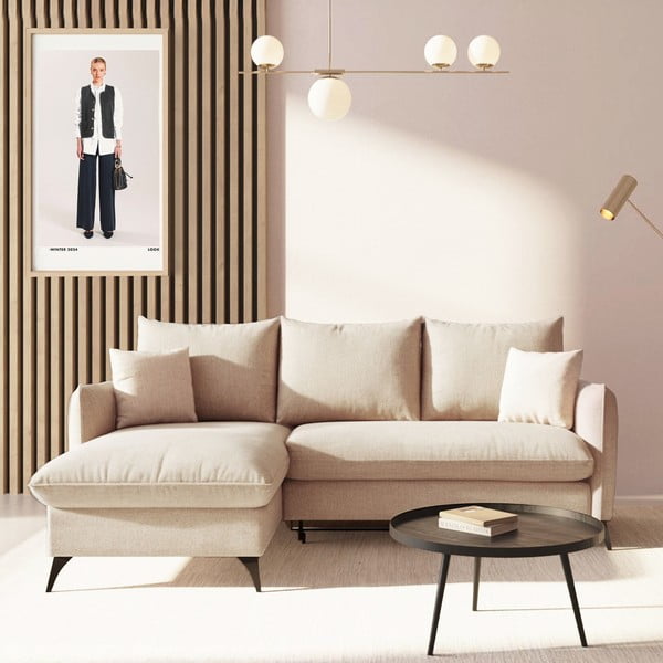 Beżowy rozkładany narożnik ze schowkiem z materiału bouclé (lewostronny/z szezlongiem) Brim – Rodier-image-1