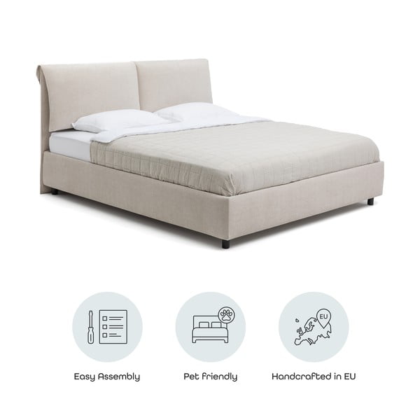Beżowe tapicerowane łóżko dwuosobowe ze schowkiem i stelażem 160x200 cm Myra Pillow – Bonami Selection-image-4