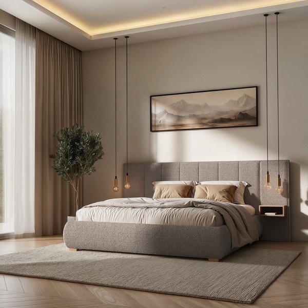 Jasnobrązowe tapicerowane łóżko dwuosobowe ze stelażem 140x200 cm Fioro – MESONICA-image-1