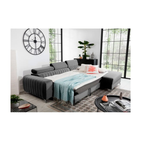 Szary aksamitny rozkładany/ze schowkiem narożnik (prawostronny/z szezlongiem) Grayson – ELTAP-image-4