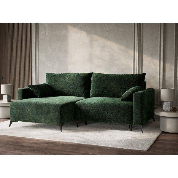 Ciemnozielony rozkładany/ze schowkiem narożnik z tkaniny szenilowej (lewostronny/z szezlongiem) Leon – Maison de Rêve-image-4