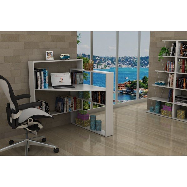 Białe narożne biurko z półkami Rafeli Pisagor-image-4