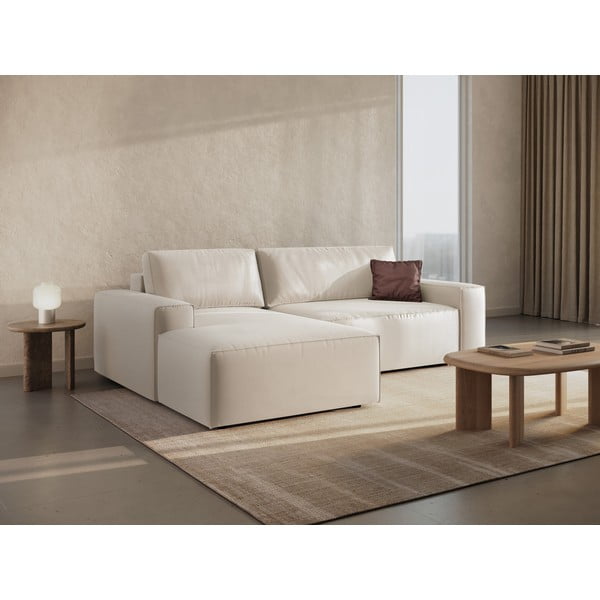 Beżowy aksamitny rozkładany/ze schowkiem narożnik (lewostronny/z szezlongiem) Jodie – Micadoni -image-2