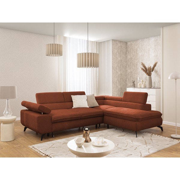 Narożnik z tkaniny szenilowej w kolorze terakoty (prawostronny/w kształcie litery L) Marbeya  – Ropez-image-1