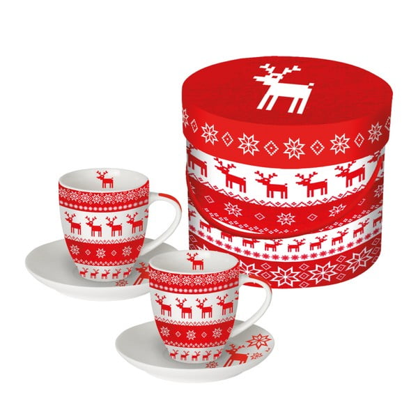 Zestaw 2 filiżanek z porcelany kostnej na espresso ze świątecznym motywem w ozdobnym opakowaniu PPD Magic Christmas Red, 100 ml