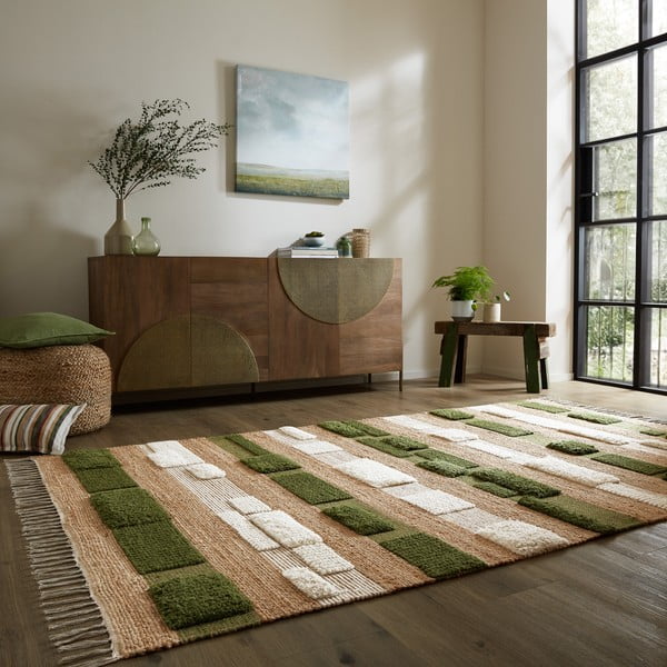 Zielono-naturalny dywan z mieszanki juty tkany ręcznie 160x230 cm Medina Blocks – Flair Rugs-image-1