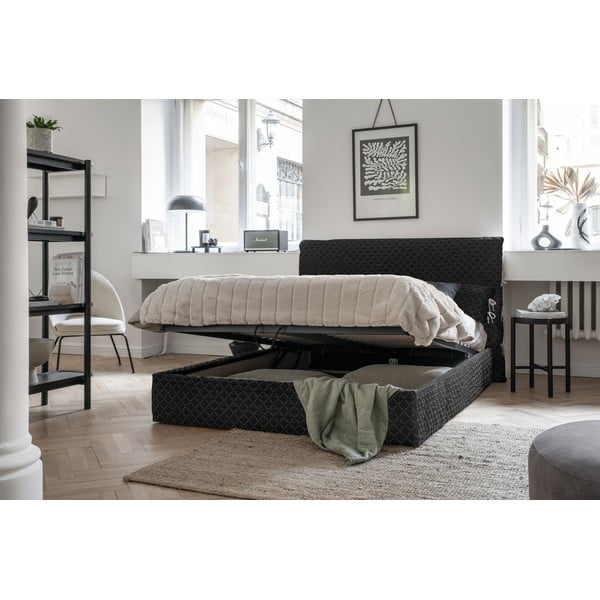 Czarne tapicerowane łóżko dwuosobowe ze schowkiem i stelażem 160x200 cm Sleepy Luna – Miuform-image-1